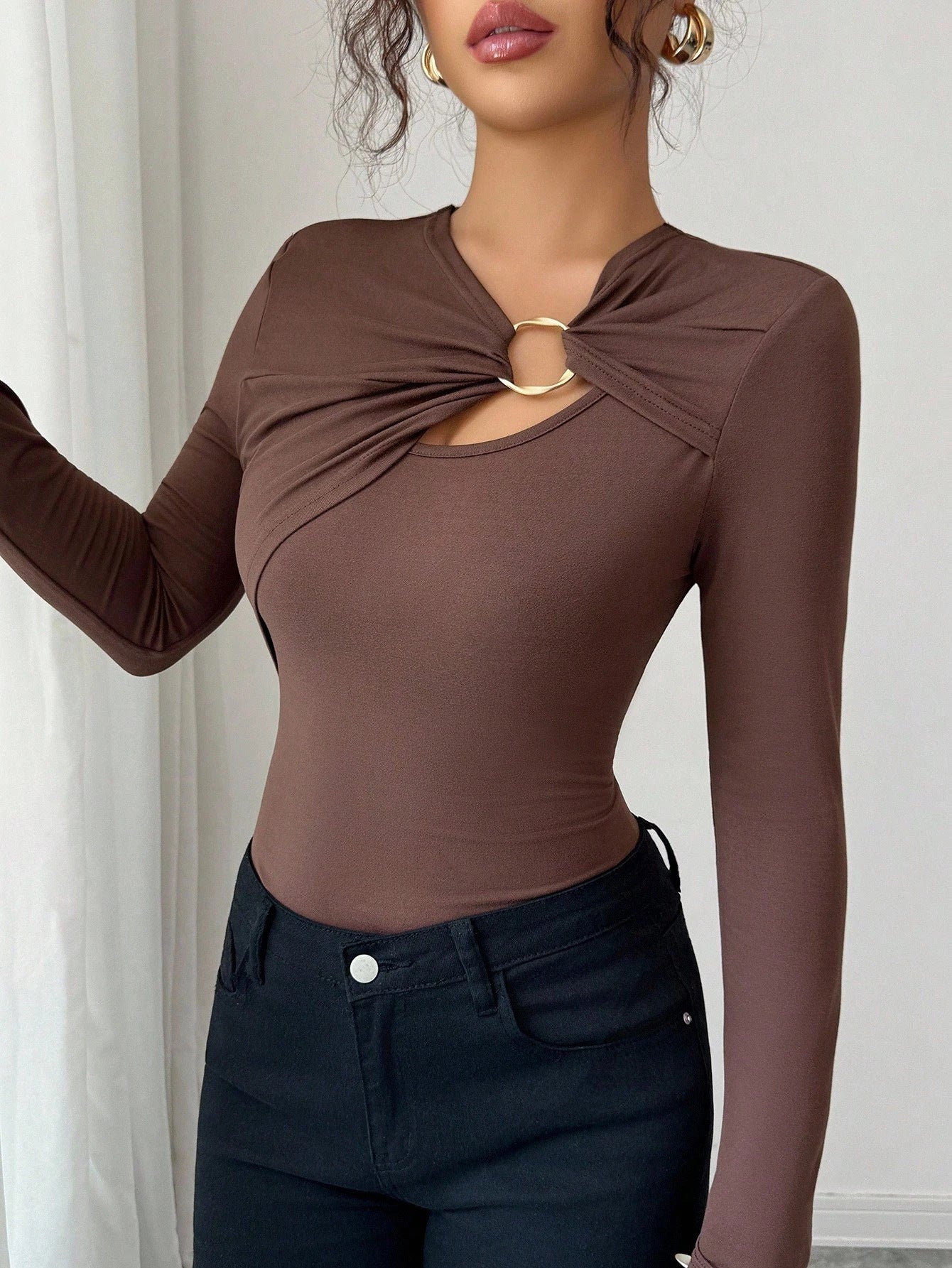 Asymmetric Hollow Metal Trim Slim Top - Elegant Long Sleeve Pullover