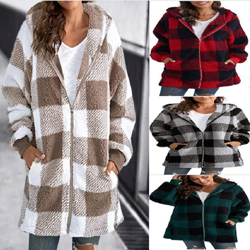 Women's Plaid Hooded Jacket, Long Sleeve