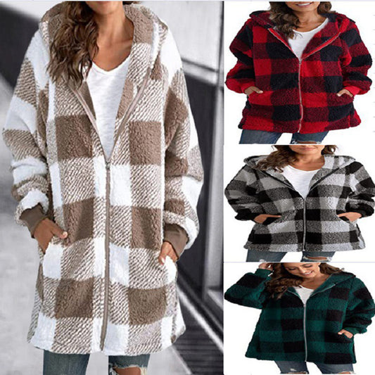 Women's Plaid Hooded Jacket, Long Sleeve