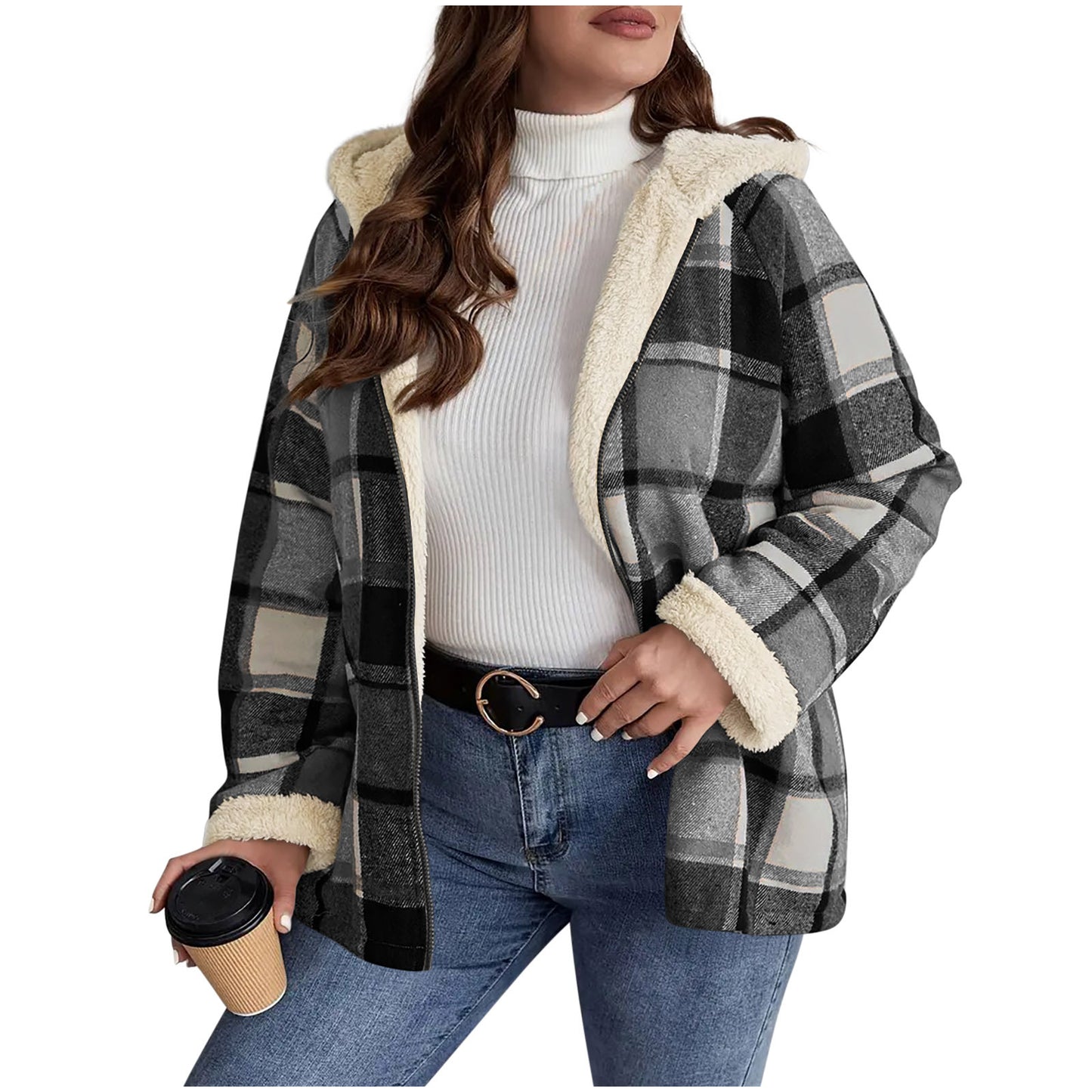 Fleece-Lined Plaid Hooded Coat - Vintage Style Thickened Jacket