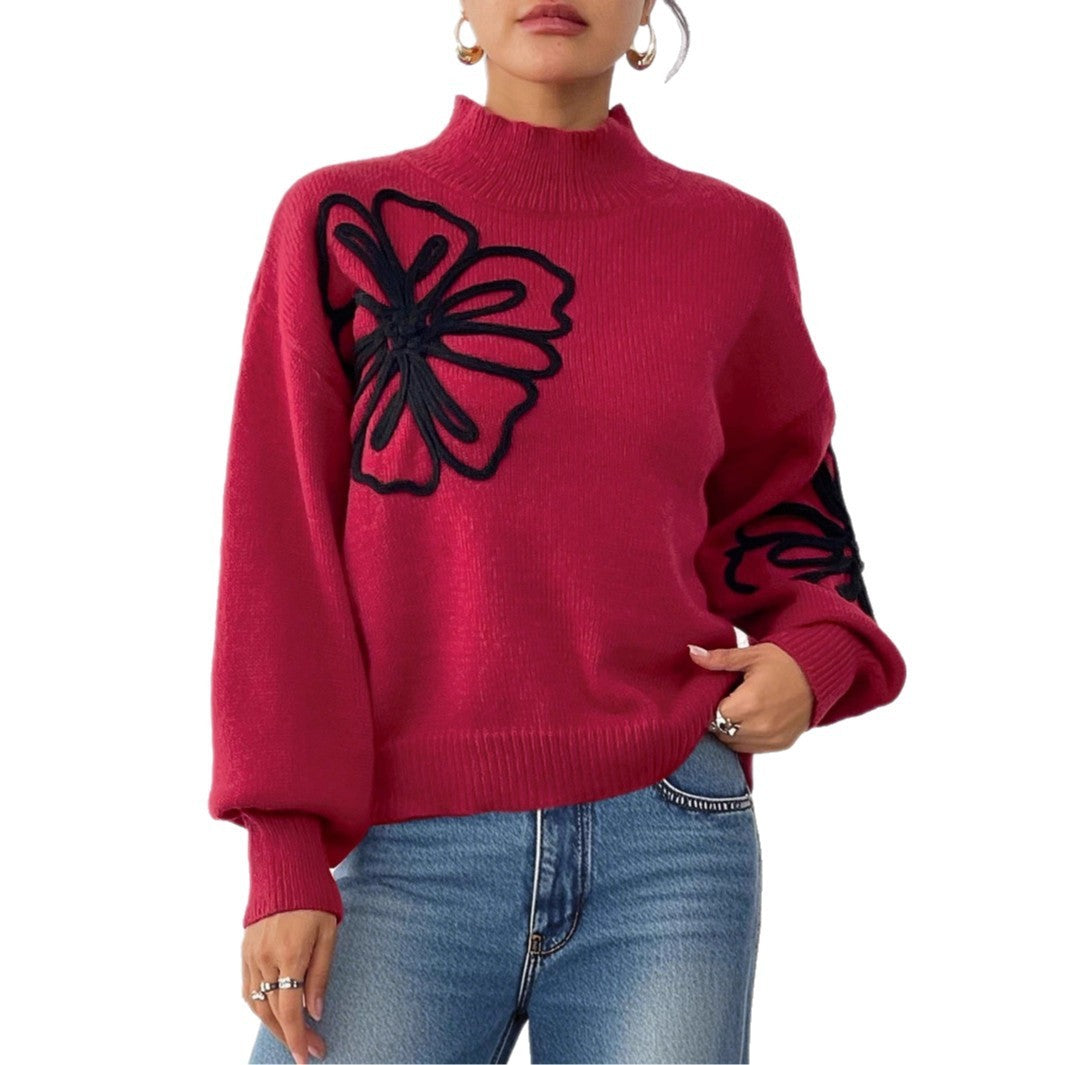 3D Ribbon Embroidery Flower Mock Neck