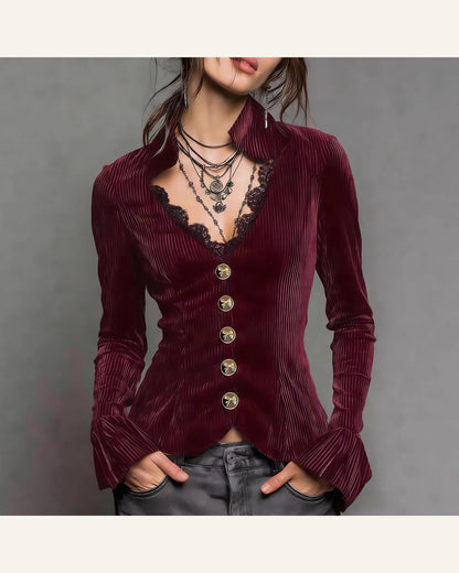 Velvet V-Neck Flare-Sleeve Top — product view