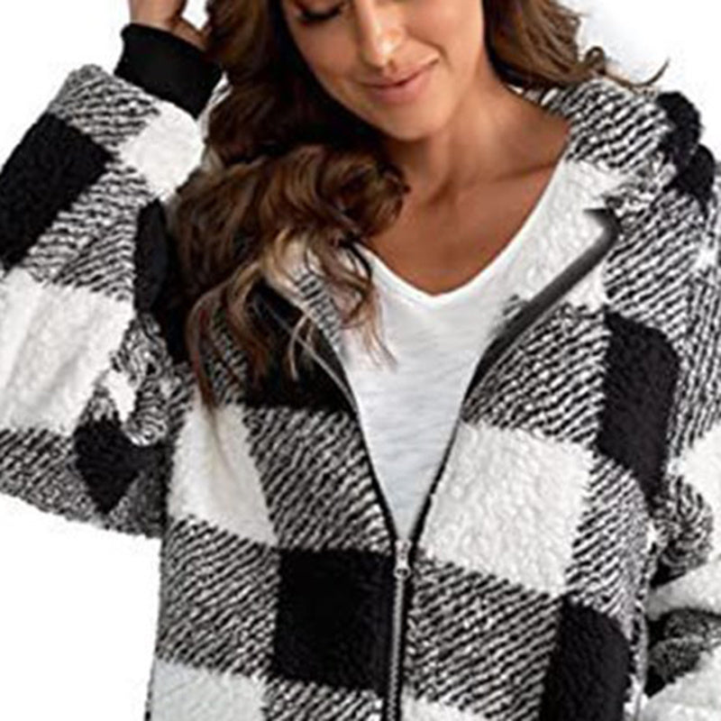 Women's Plaid Hooded Jacket, Long Sleeve