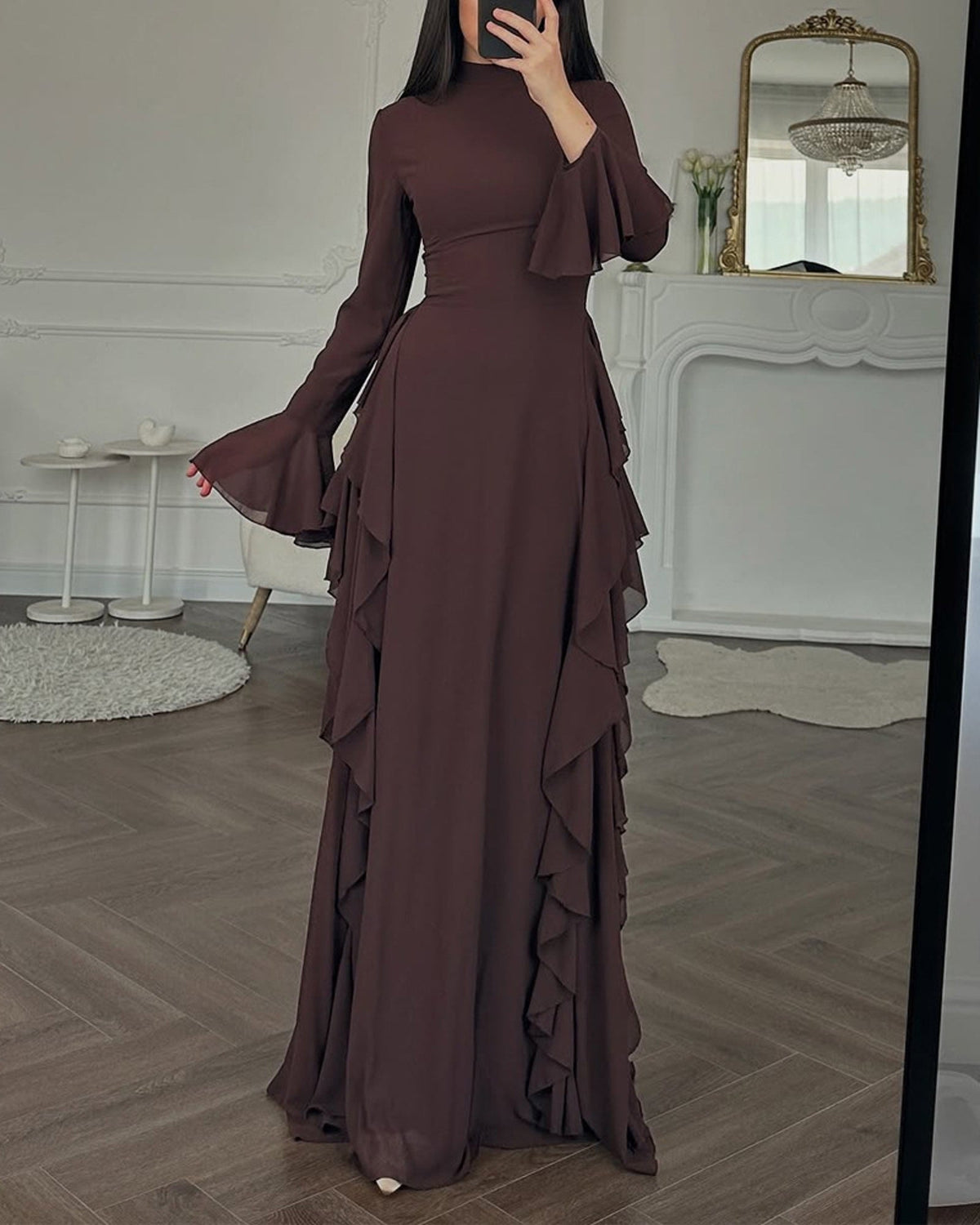 Flare-Sleeve A-Line Dress — Brown