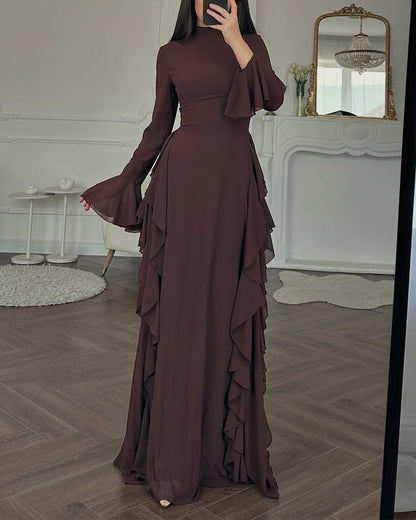 Flare-Sleeve A-Line Dress — Brown