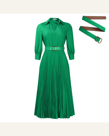 Belted V-Neck Long-Sleeve A-Line Dress styling view