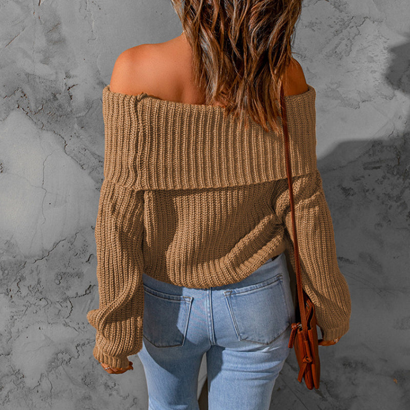 Women's Off-Shoulder Textured Knit Sweater - 2026 Winter Collection Long Sleeve Top