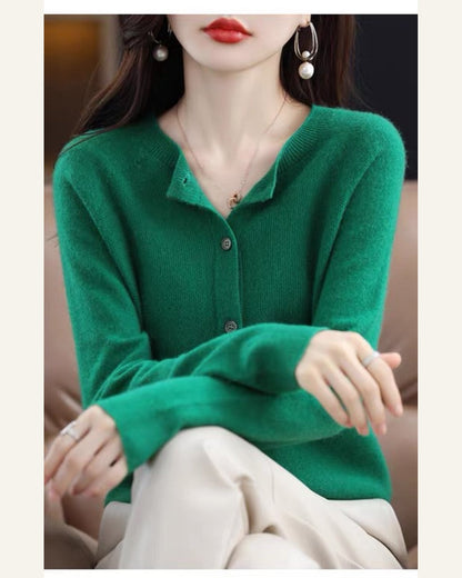 Classic Wool Crew-Neck Cardigan — Emerald