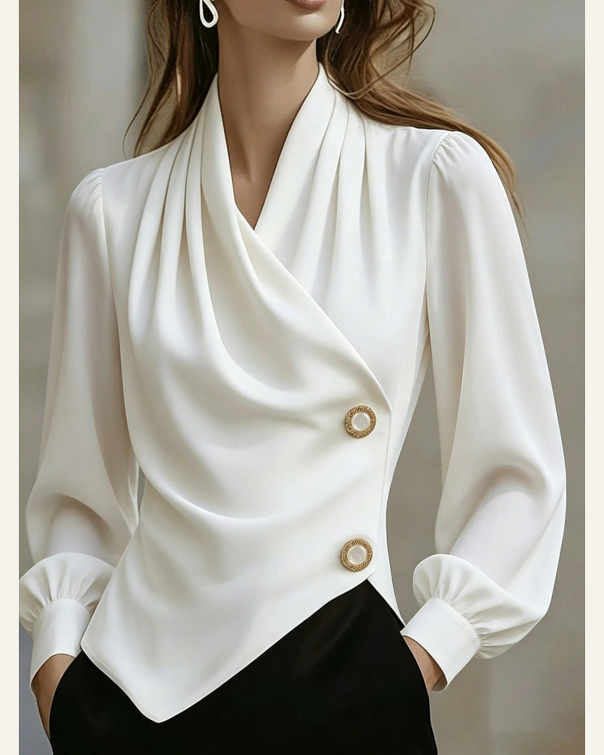 Asymmetric Pearl-Button Long-Sleeve Blouse — alternate product view