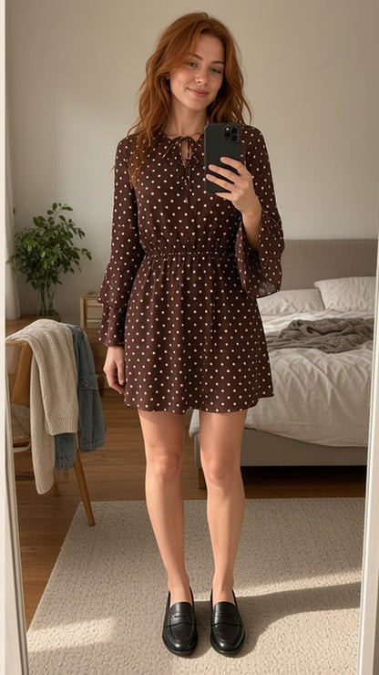 Brown Polka Dot V-Neck Long Sleeve Mini Dress