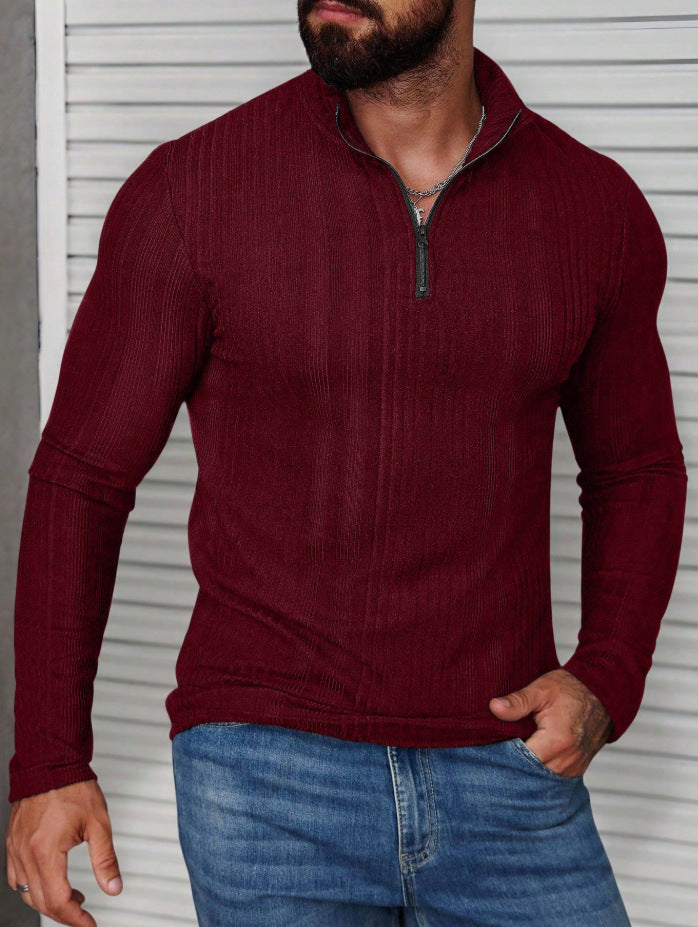 Men's Casual Stand-Up Collar Slim-Fit Ribbed Hoodie