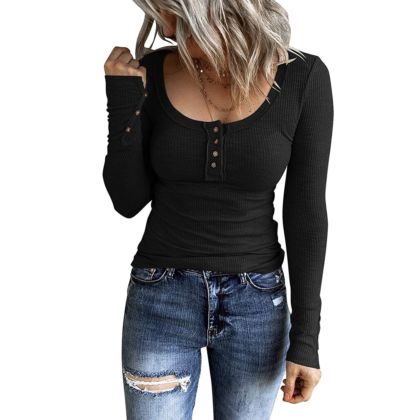 Elegant Button Vest V-Neck Long Sleeve Top - Slim Fit Layering Piece