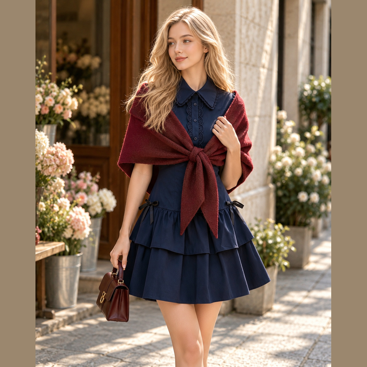 Navy Lace-Detail A-Line Mini Dress with wine red triangle shawl