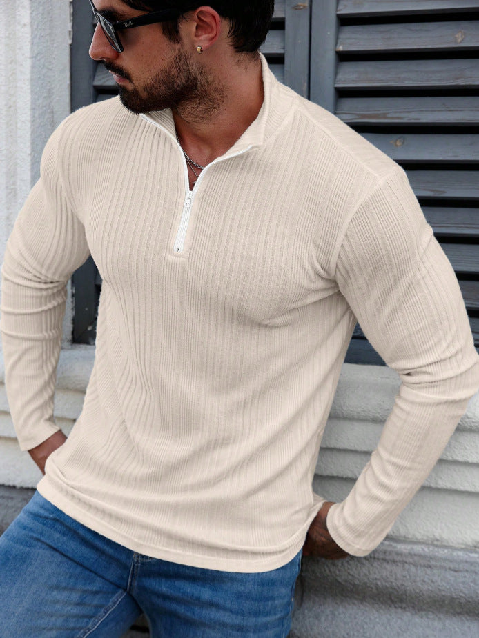 Men's Casual Stand-Up Collar Slim-Fit Ribbed Hoodie
