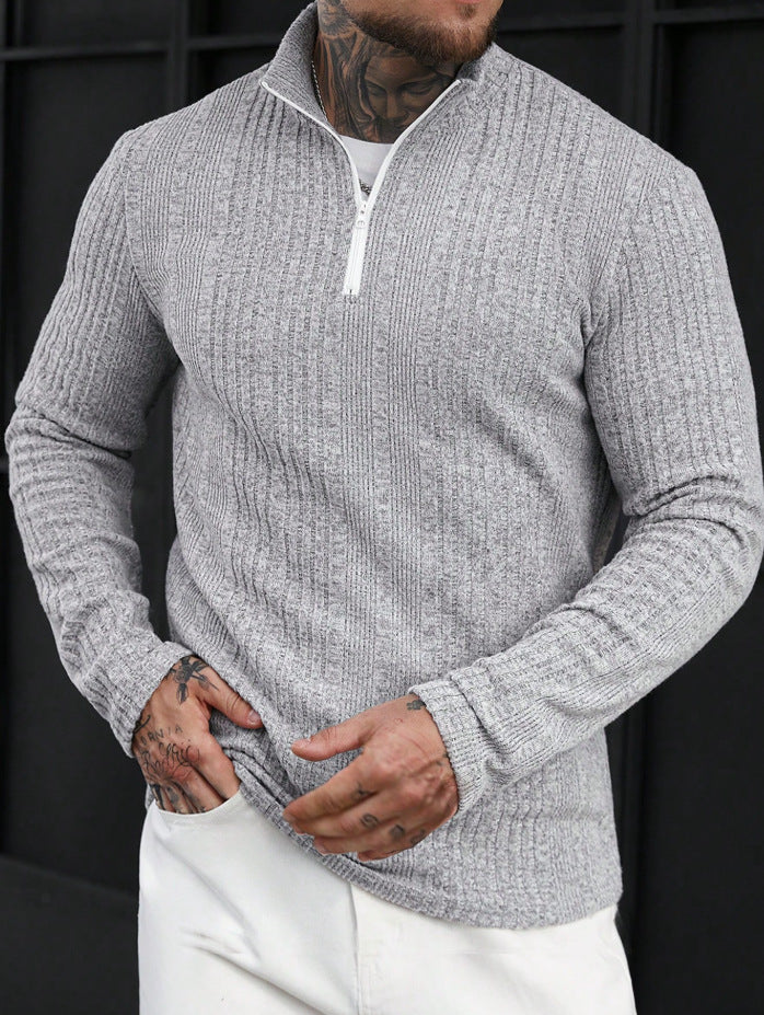 Men's Casual Stand-Up Collar Slim-Fit Ribbed Hoodie