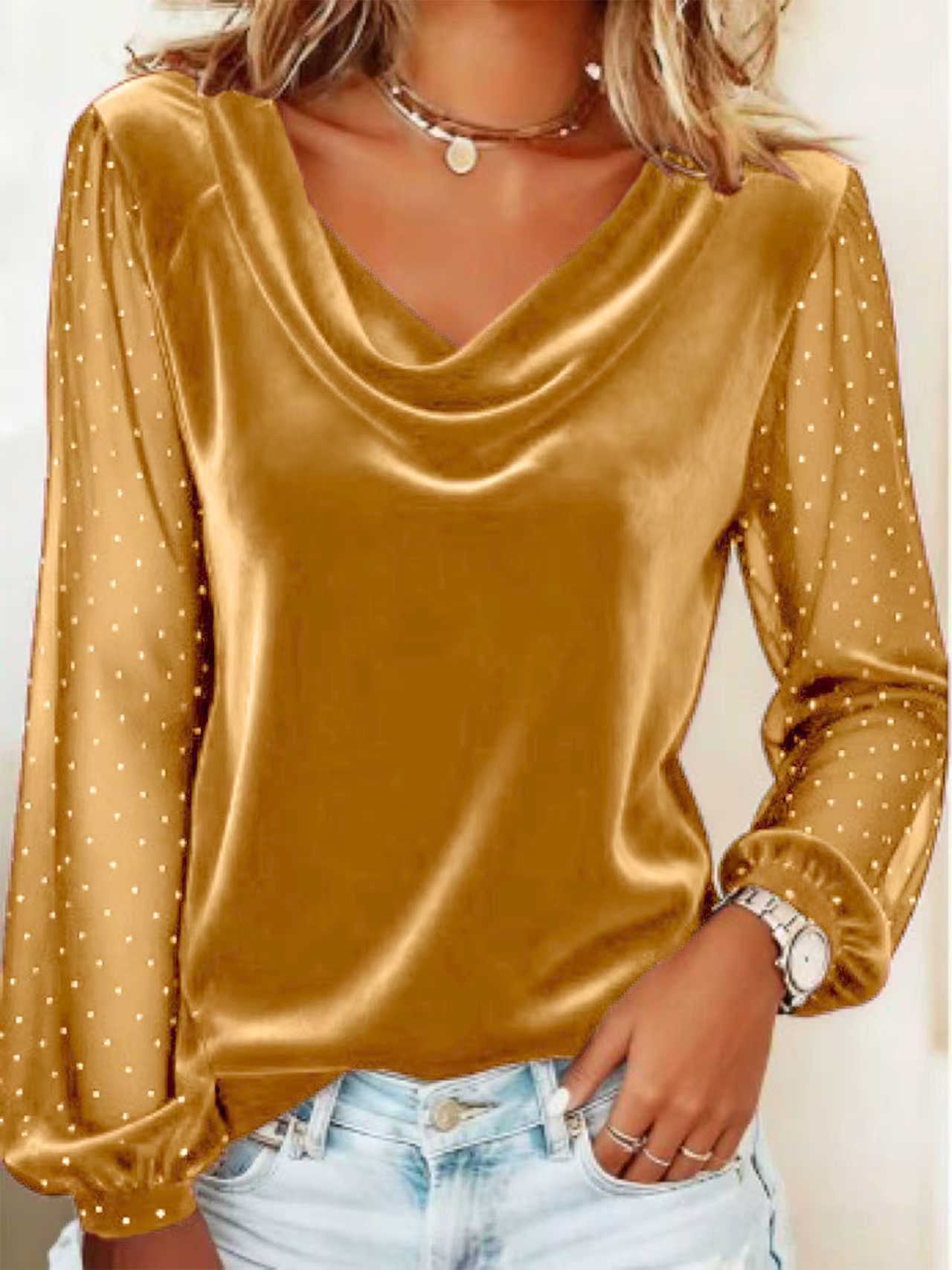 Elegant V-Neck Velvet T-Shirt - Diamond Mesh Sleeve Loose Tee