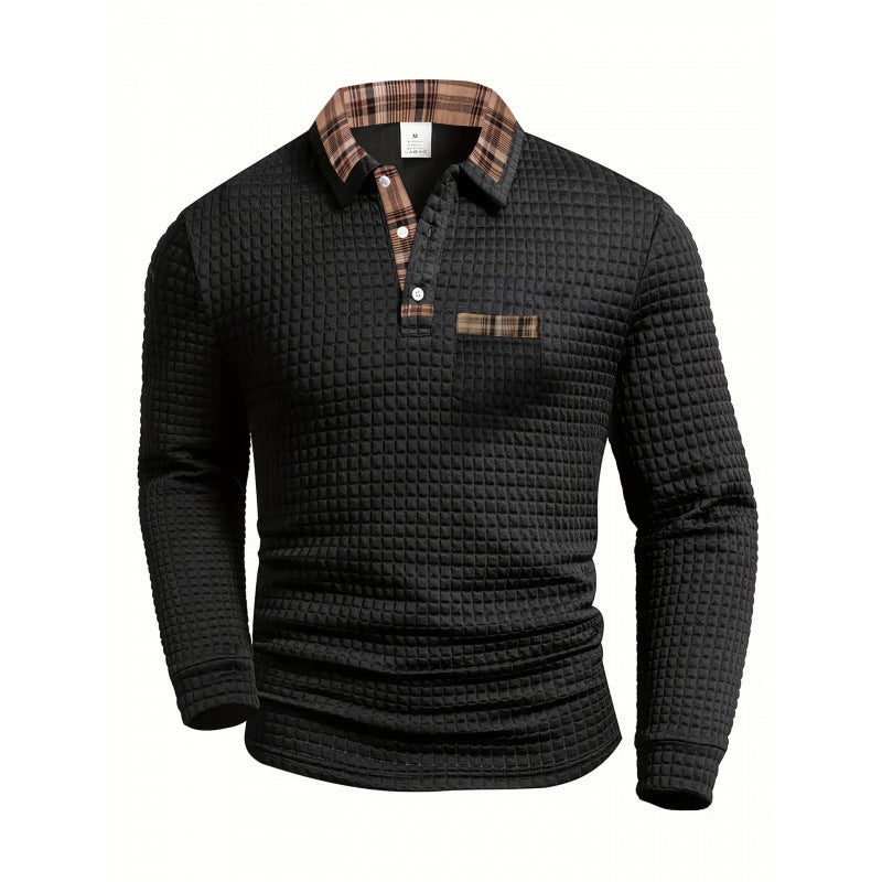 Men's Casual Patchwork Pocket Long Sleeve Polo Shirt - Grid Pattern
