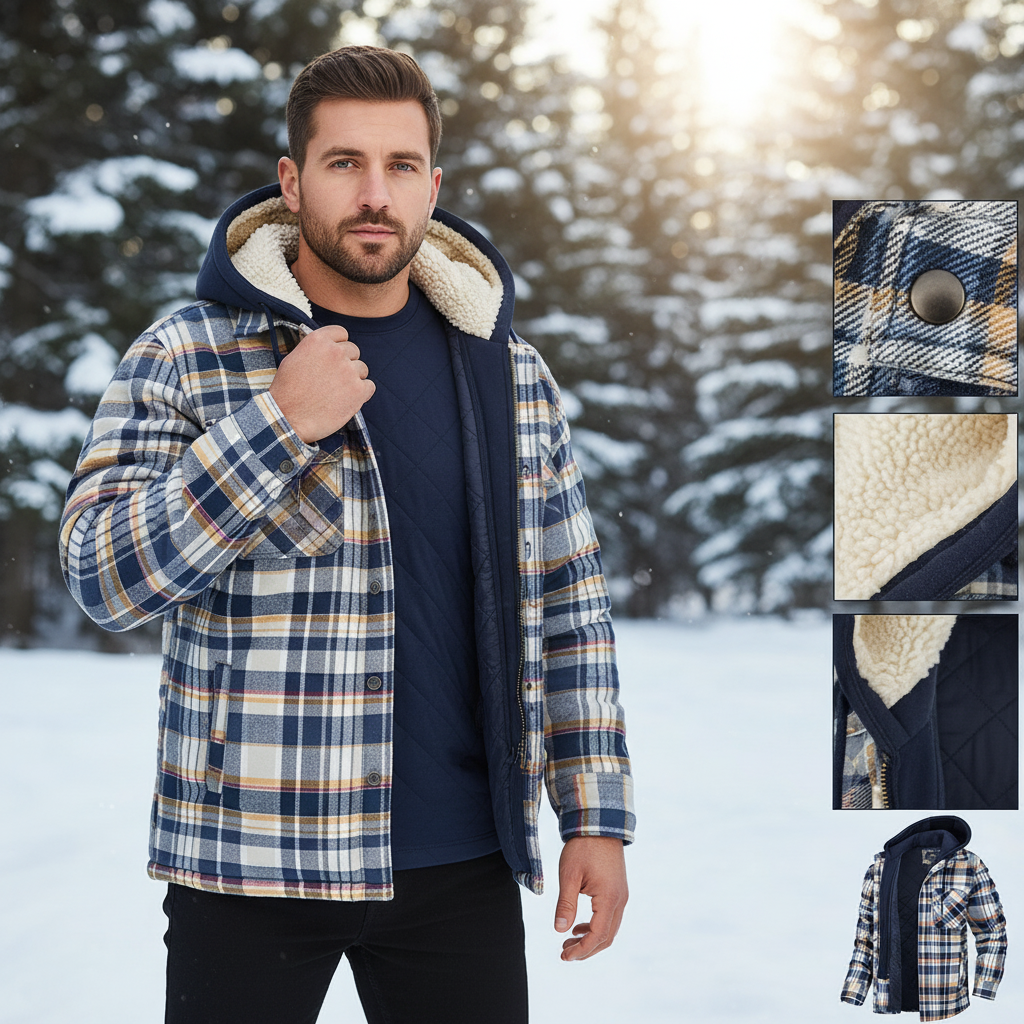 產品特色 - 男款格紋連帽外套