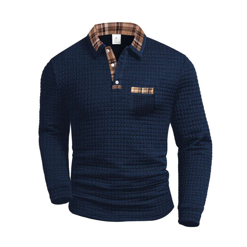 Men's Casual Patchwork Pocket Long Sleeve Polo Shirt - Grid Pattern