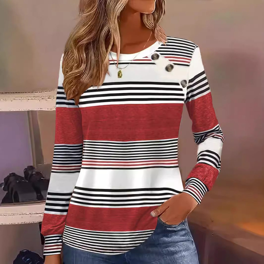 Casual Button Striped Long Sleeve T-Shirt
