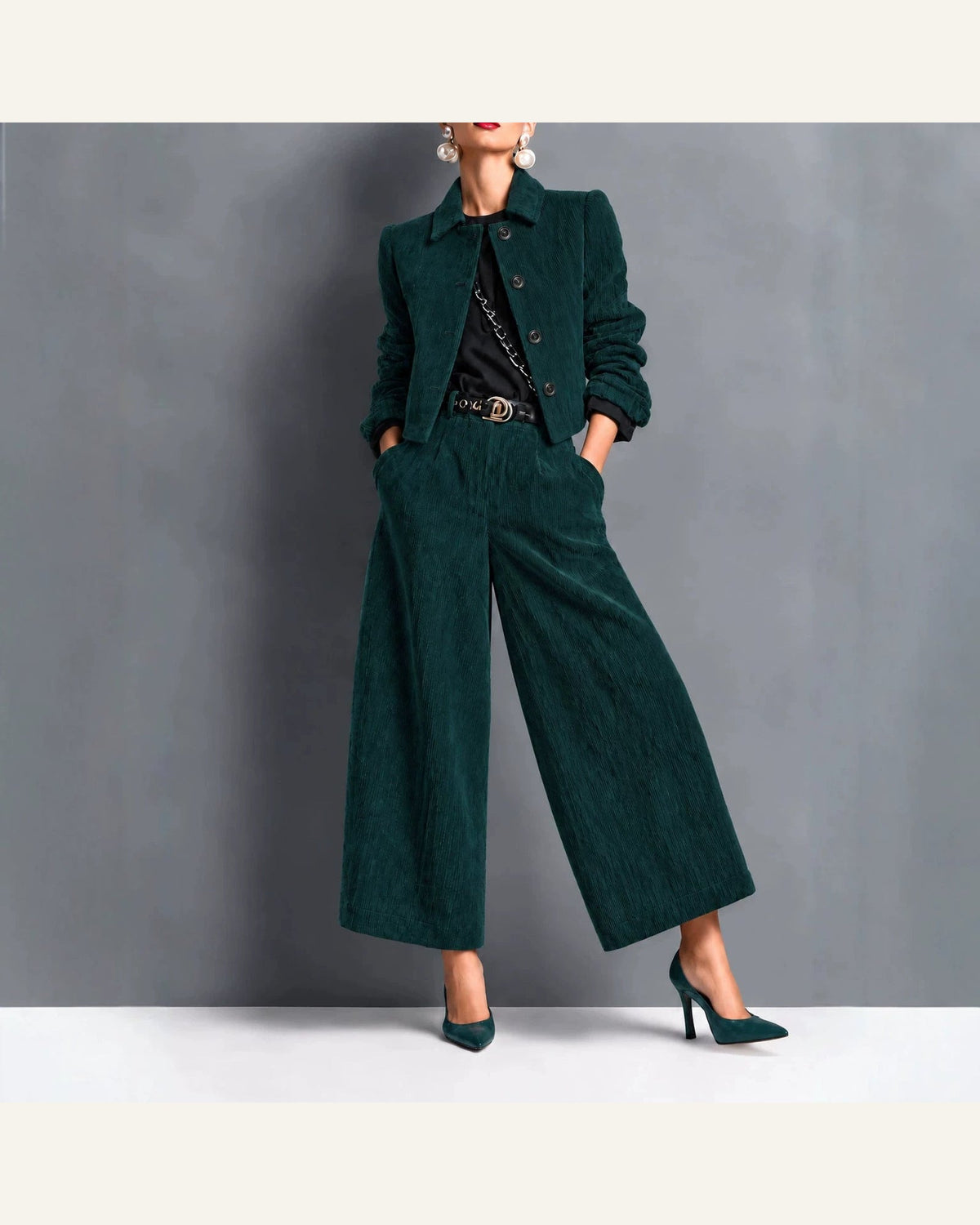 Corduroy Cropped Jacket & Wide-Leg Pant Set — product view