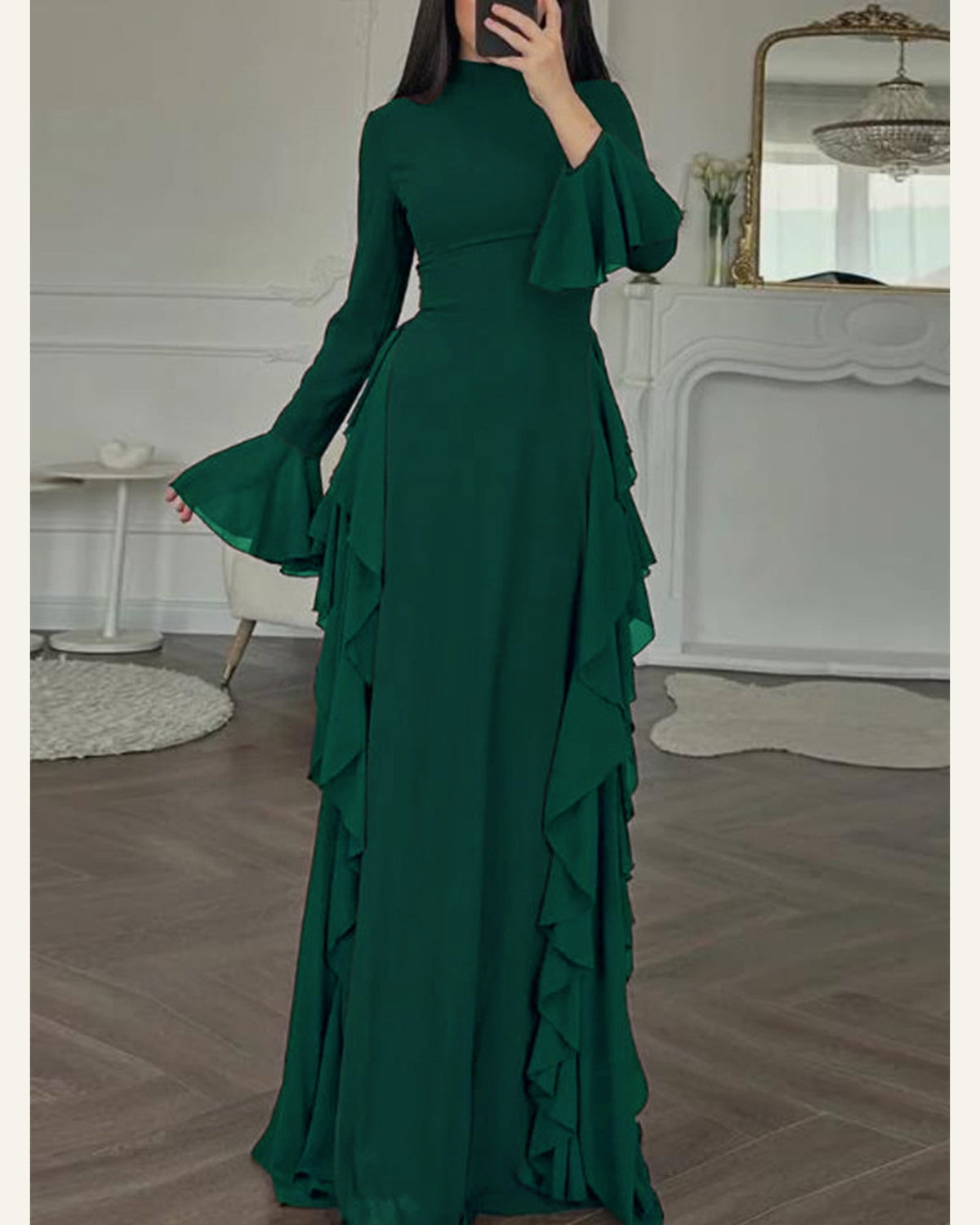 Flare-Sleeve A-Line Dress — Dark Green