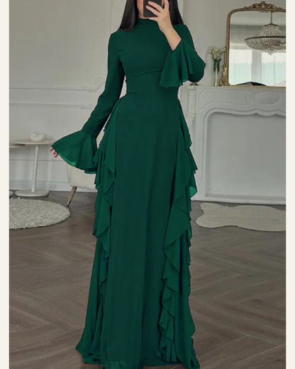 Flare-Sleeve A-Line Dress — Dark Green