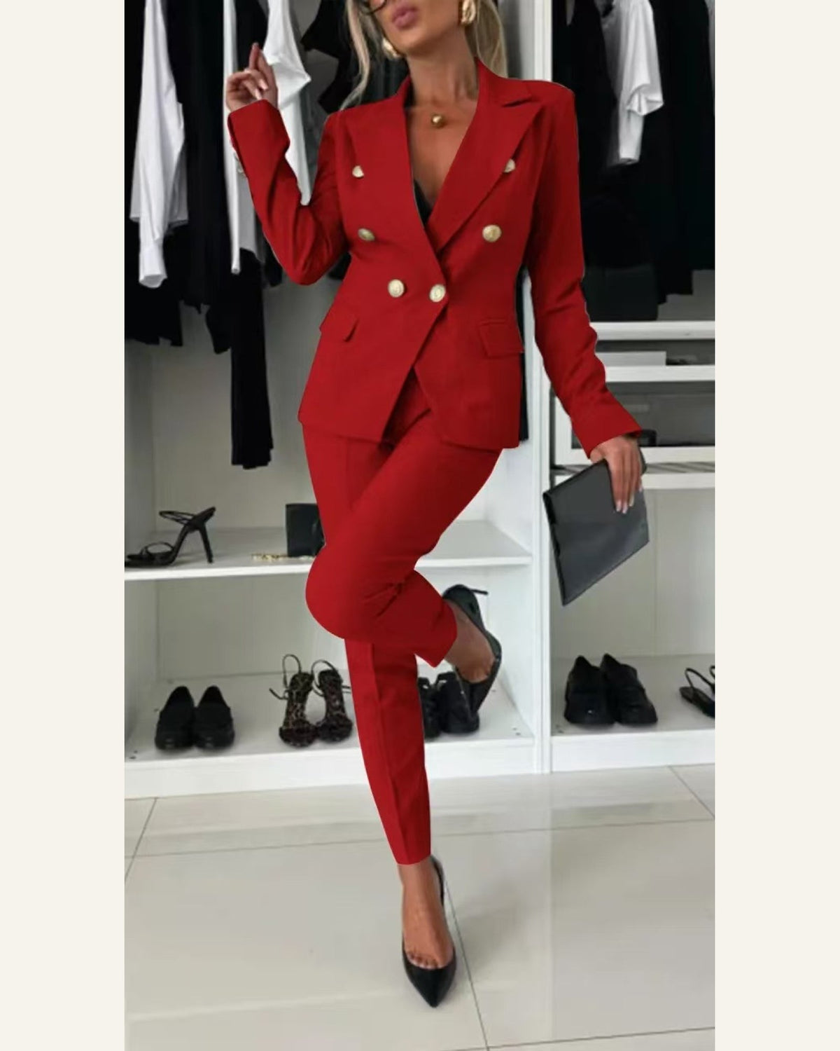 Tailored Two-Piece Blazer & Trouser Set — Red
