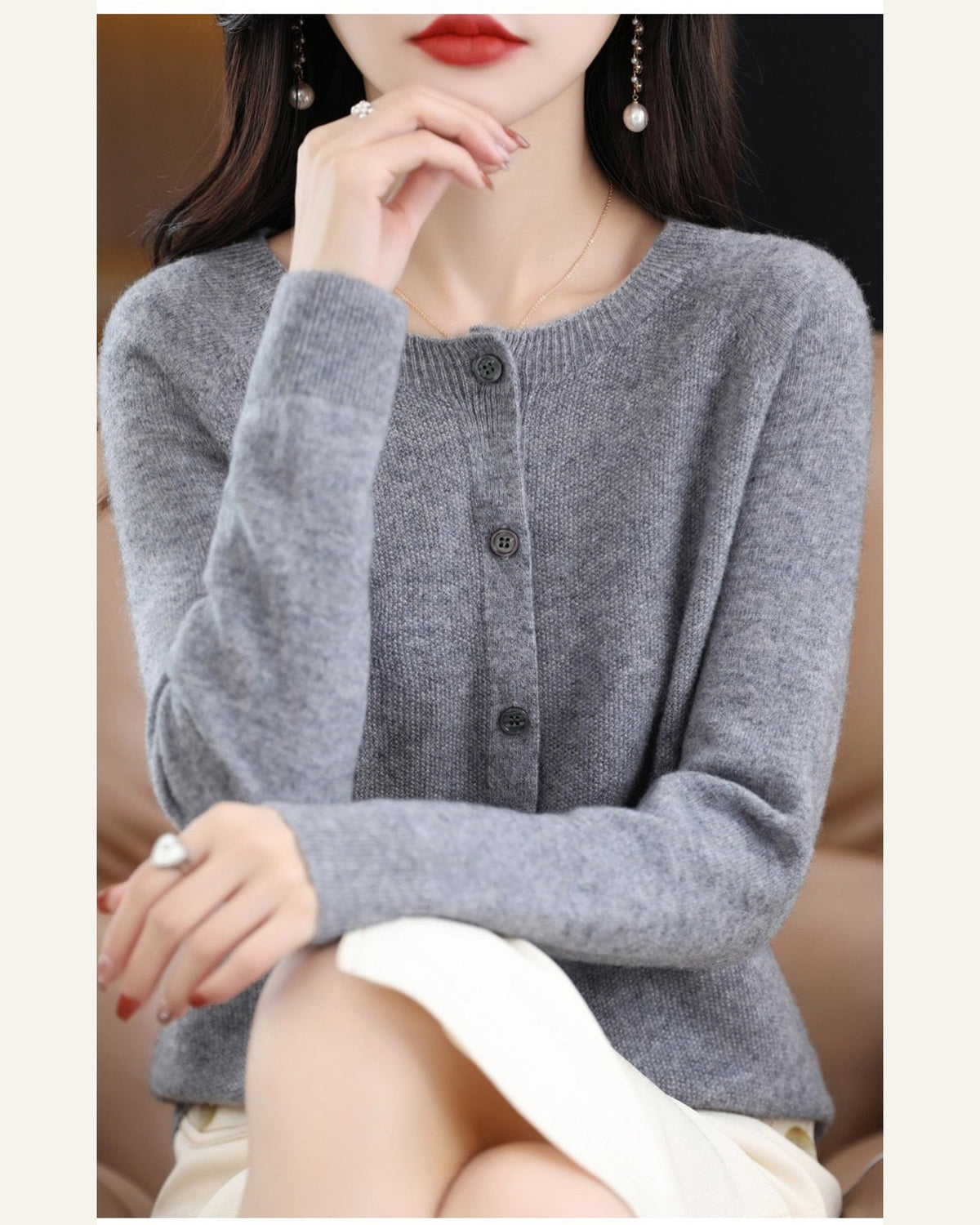 Classic Wool Crew-Neck Cardigan — Medium Gray