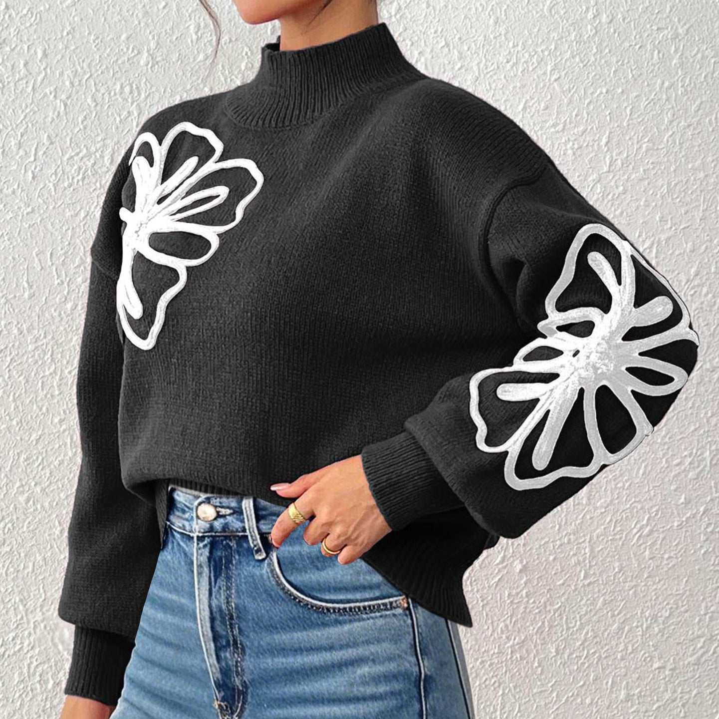 3D Ribbon Embroidery Flower Mock Neck