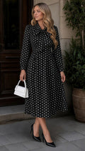 Polka Dot Bow-Tie Neck Long Sleeve A-Line Dress