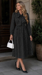 Polka Dot Bow-Tie Neck Long Sleeve A-Line Dress