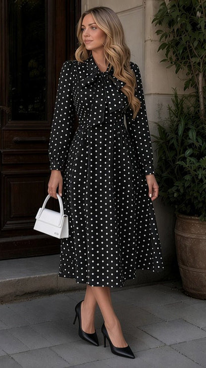 Polka Dot Bow-Tie Neck Long Sleeve A-Line Dress