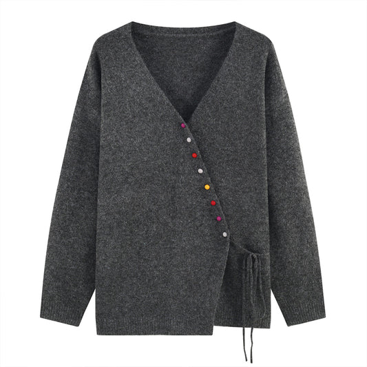 Plus Size V-Neck Cardigan - Colorful Buttons & Tie Belt Knit Cover-Up