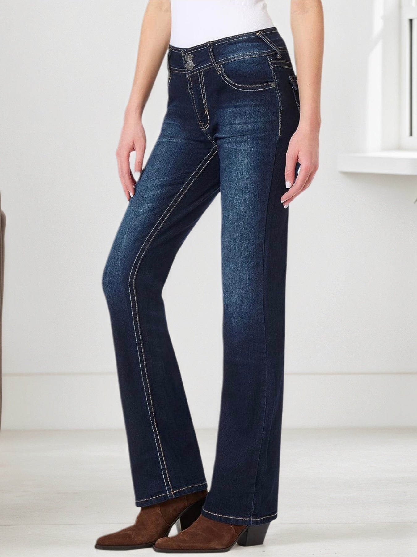 Women's Embroidered Pocket Jeans - 2026 Winter Collection Elastic Button Closure Denim