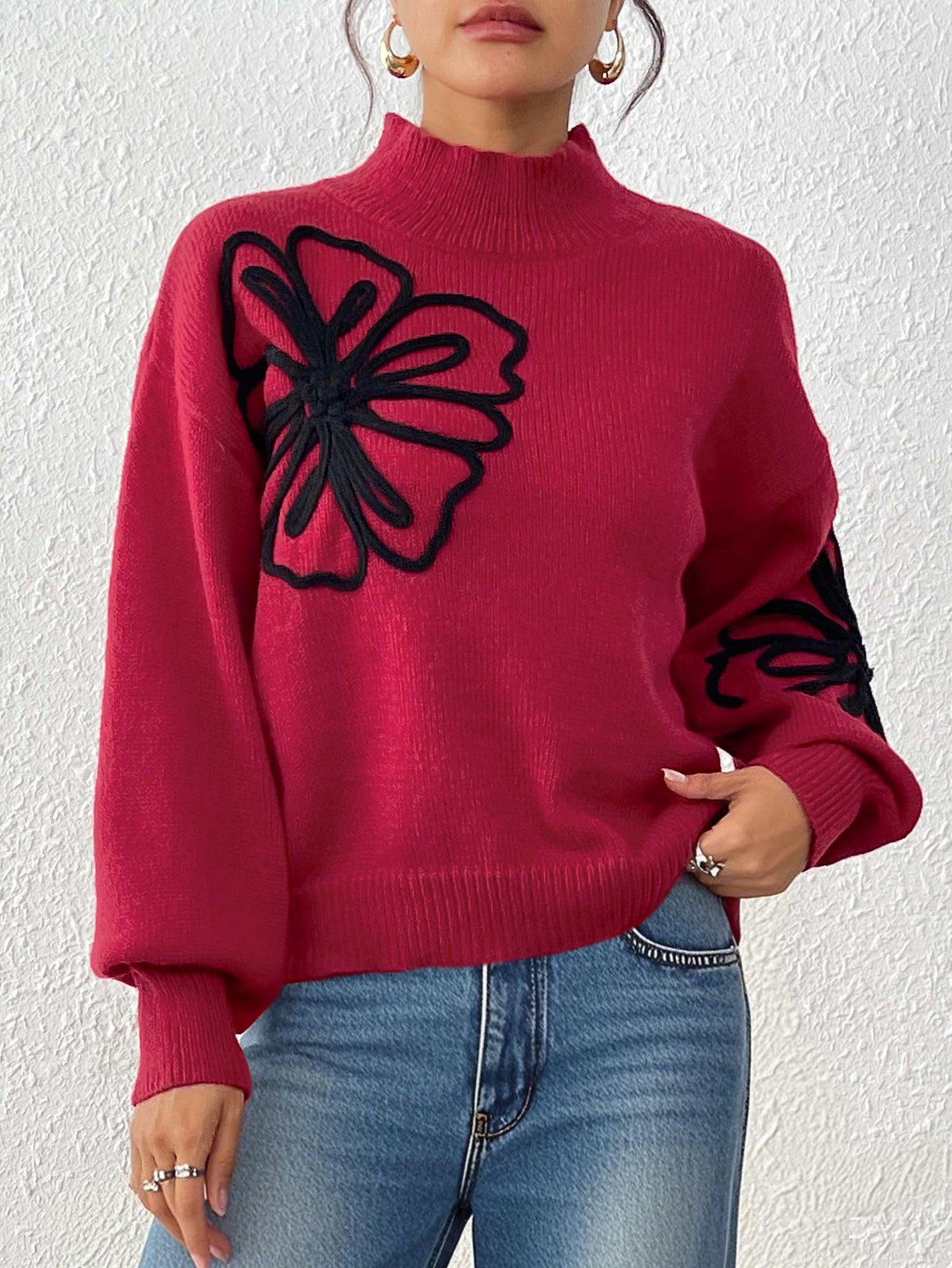 3D Ribbon Embroidery Flower Mock Neck