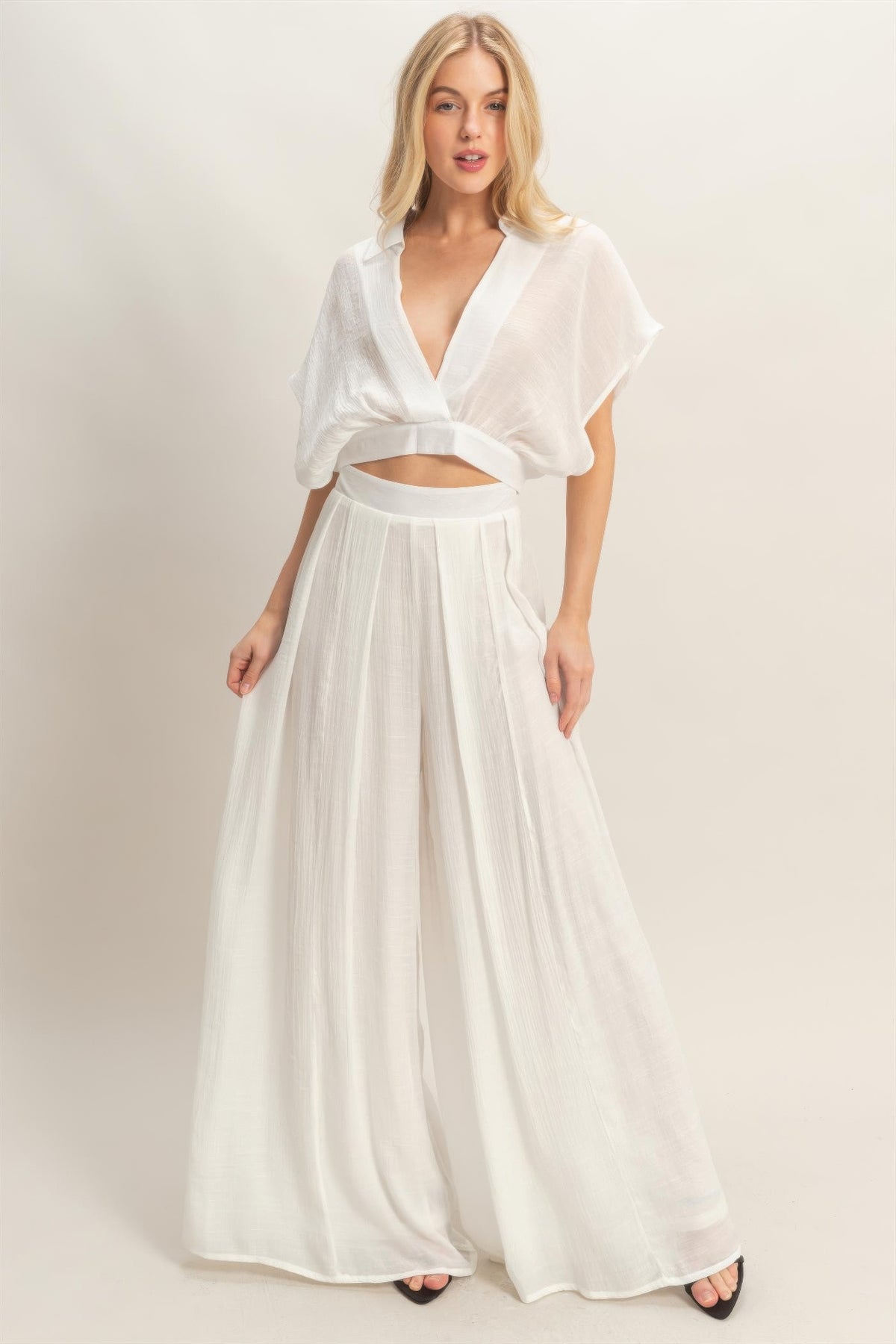 Collared wrap top with matching wide-leg pants, full-length product view
