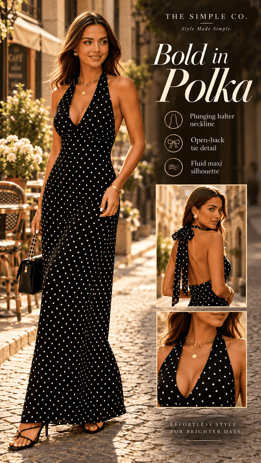 Polka-Dot Halter Maxi Dress in black, styled product image