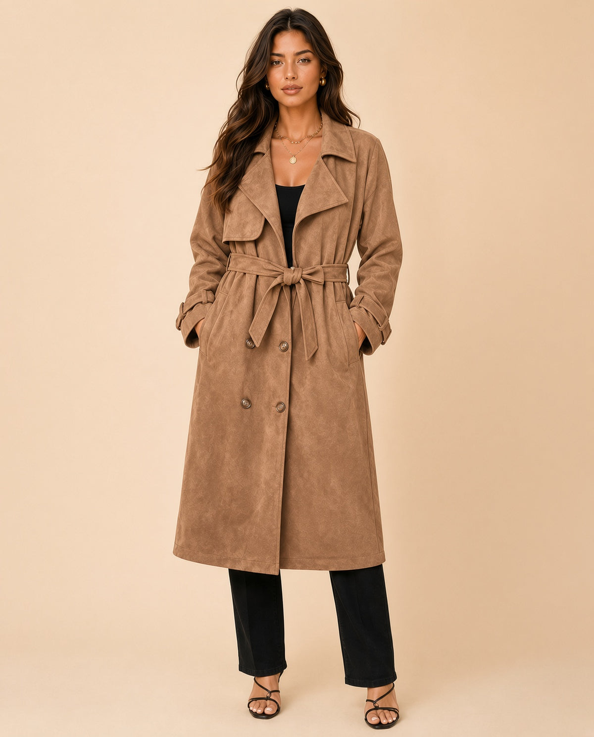 Suede-Effect Belted Trench Coat
