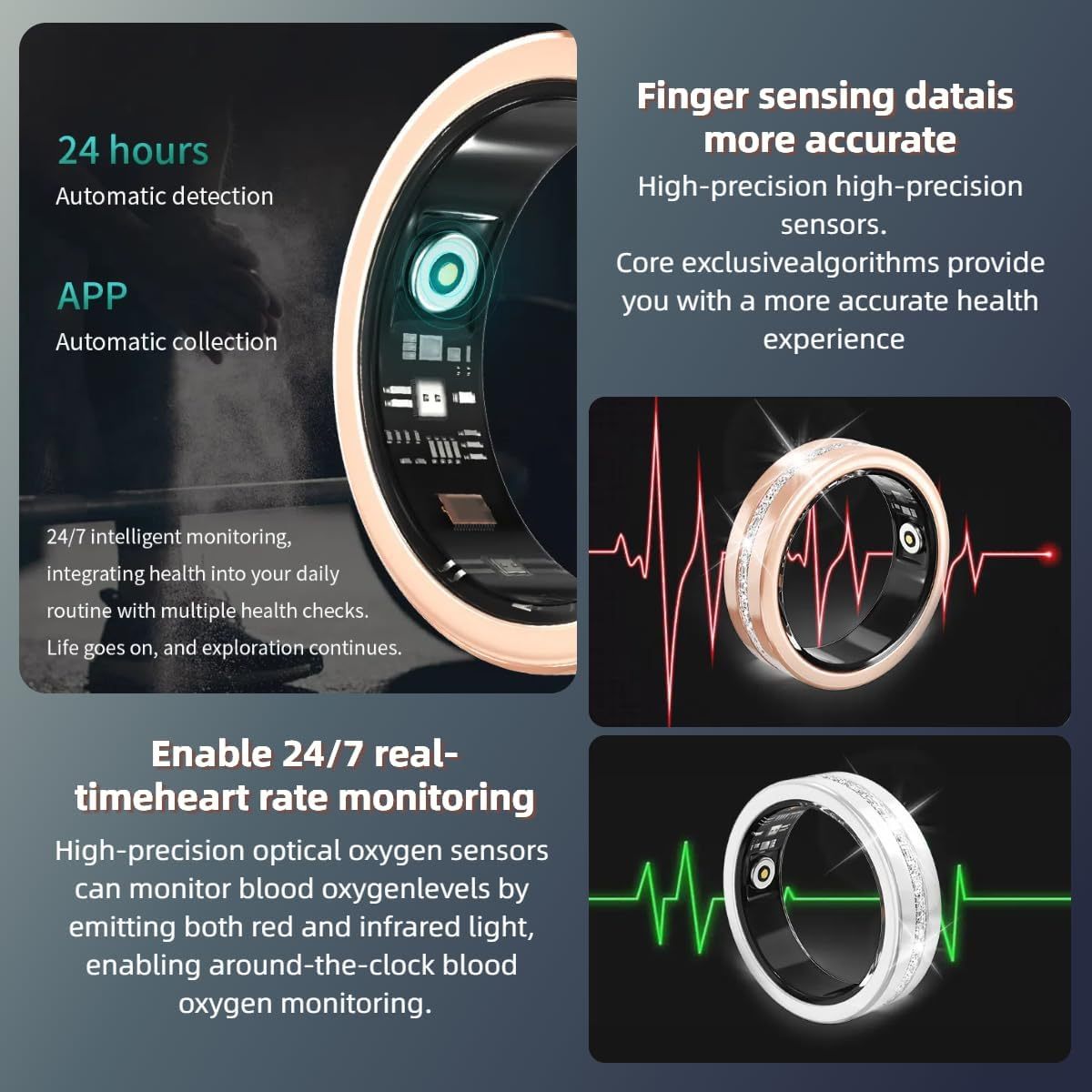 Rose Gold Smart Ring for Women - Health Tracker with Crystals