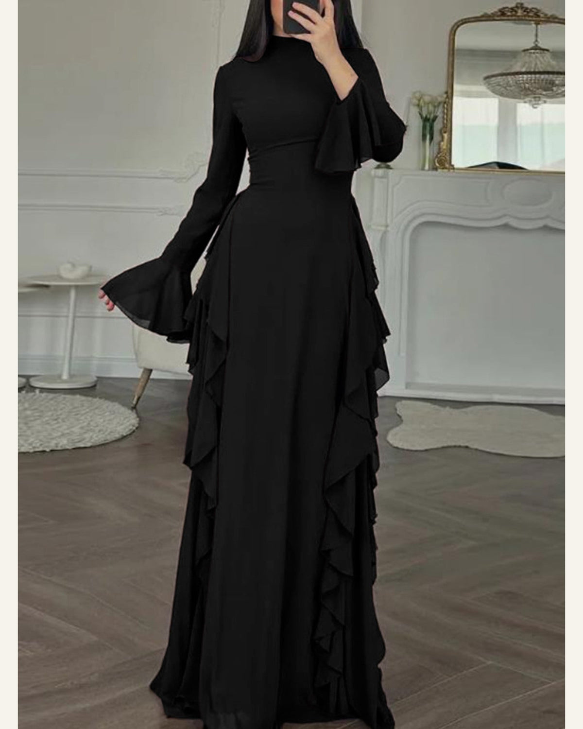 Flare-Sleeve A-Line Dress — Black