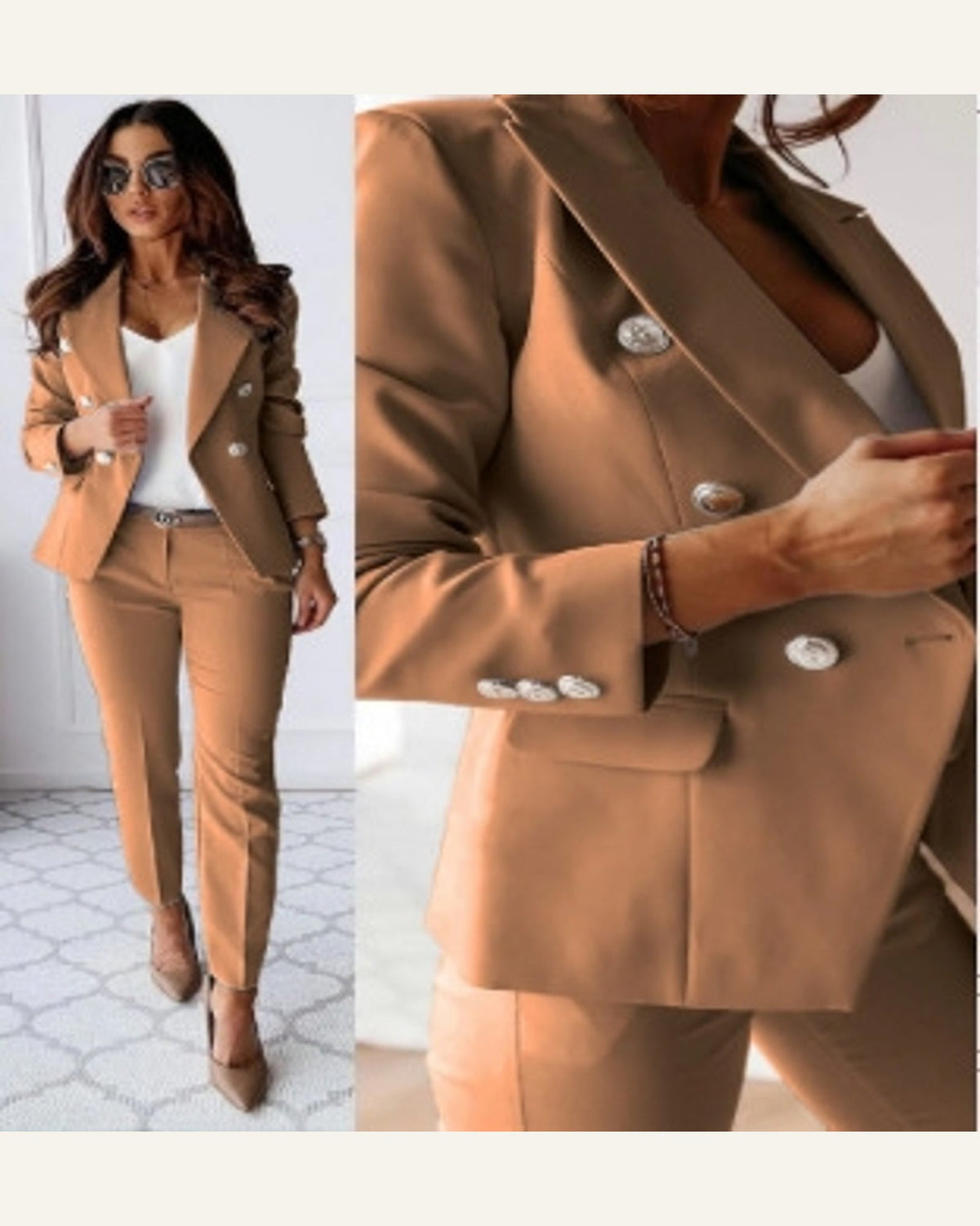 Tailored Two-Piece Blazer & Trouser Set — Khaki