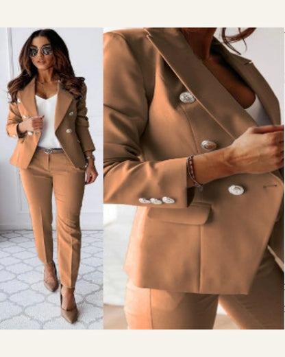 Tailored Two-Piece Blazer & Trouser Set — Khaki