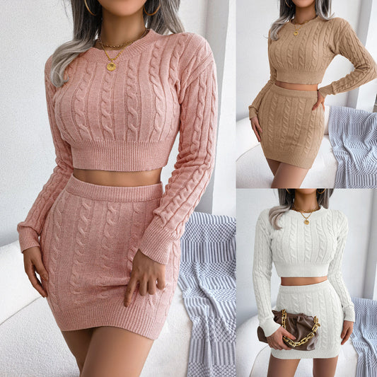 Women's Twisted Knit Crop Sweater & Bodycon Skirt Set - 2026 Winter Collection