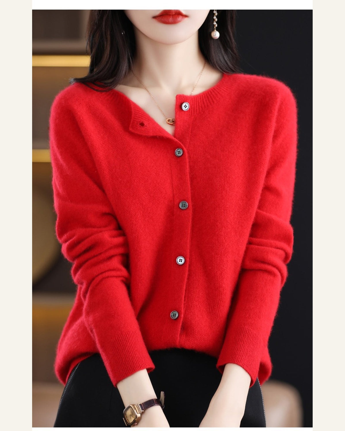Classic Wool Crew-Neck Cardigan — Cherry Red