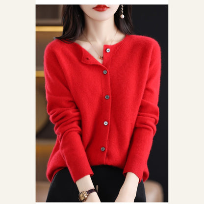 Classic Wool Crew-Neck Cardigan — Cherry Red