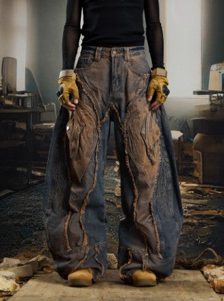 Heavy-Duty Raw-Edged Distressed Post-Apocalyptic Loose-Fit Jeans