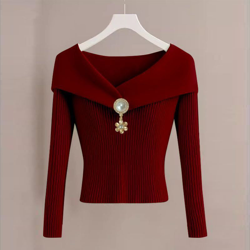 French Style V-Neck Knit Blouse - Embellished Long Sleeve Top