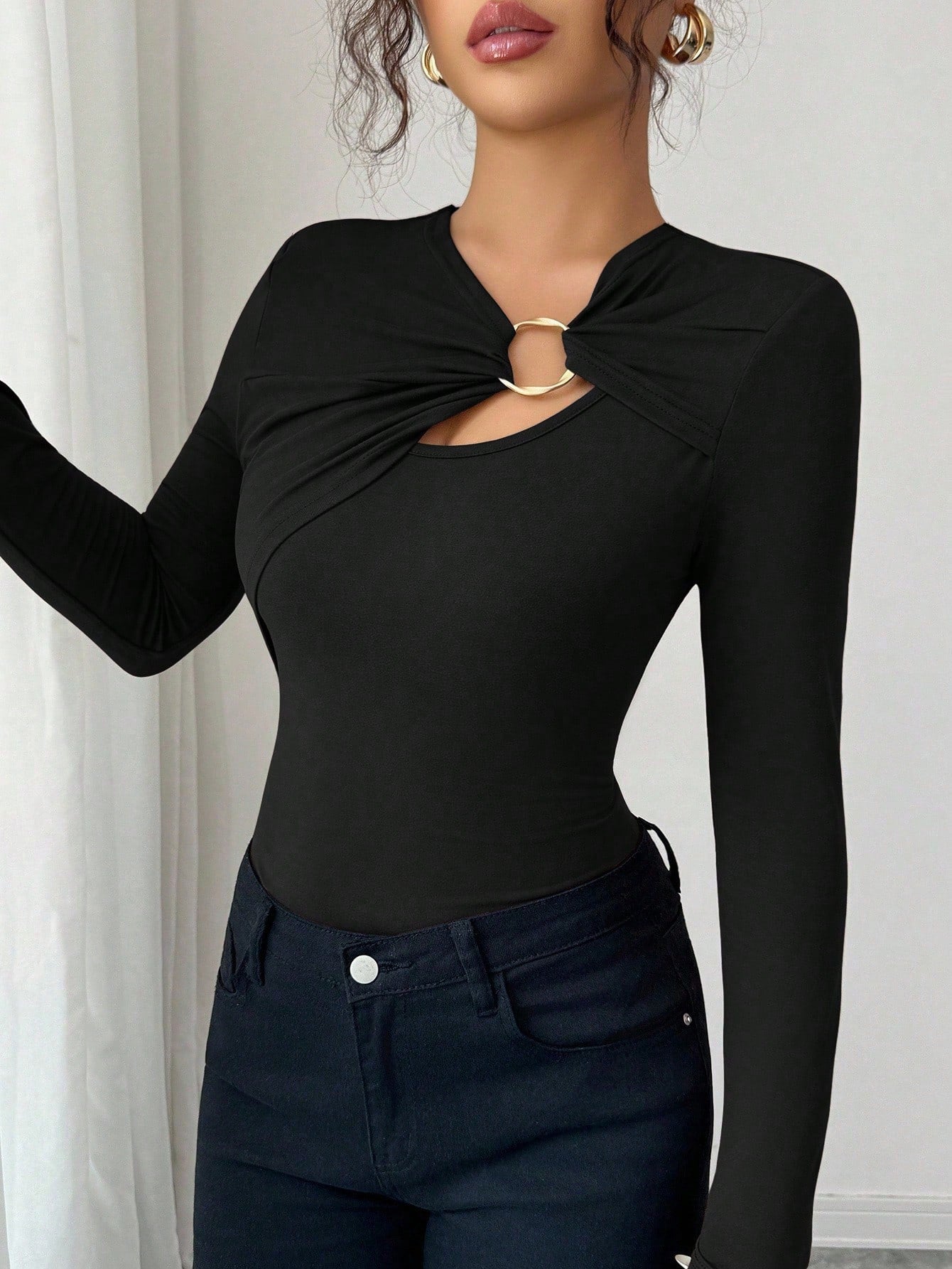 Asymmetric Hollow Metal Trim Slim Top - Elegant Long Sleeve Pullover – Minimal Elegance | The Simple Co – Practical cottage, minimalist style, quiet luxury aesthetic, modern essential – The Simple Co.