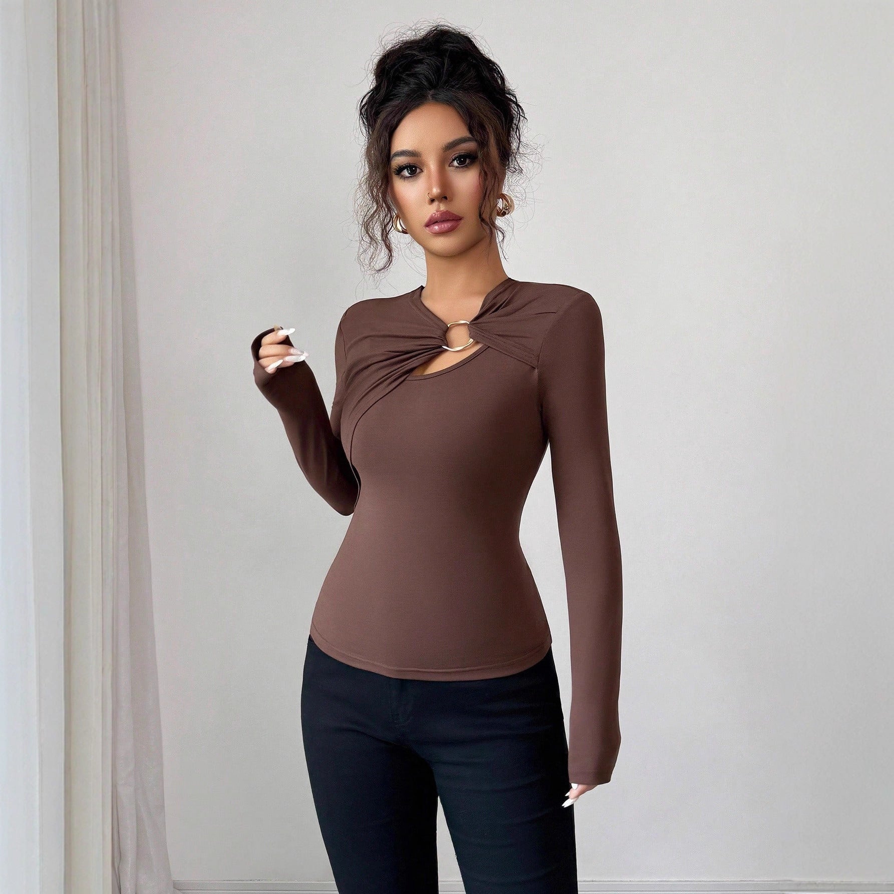 Asymmetric Hollow Metal Trim Slim Top - Elegant Long Sleeve Pullover – Minimal Elegance | The Simple Co – Practical cottage, minimalist style, quiet luxury aesthetic, modern essential – The Simple Co.